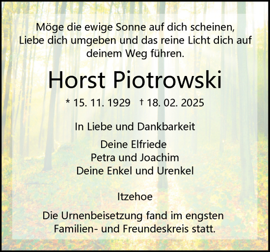 Traueranzeige von Horst Piotrowski von Norddeutsche Rundschau, Wilstersche Zeitung, Glückstädter Fortuna