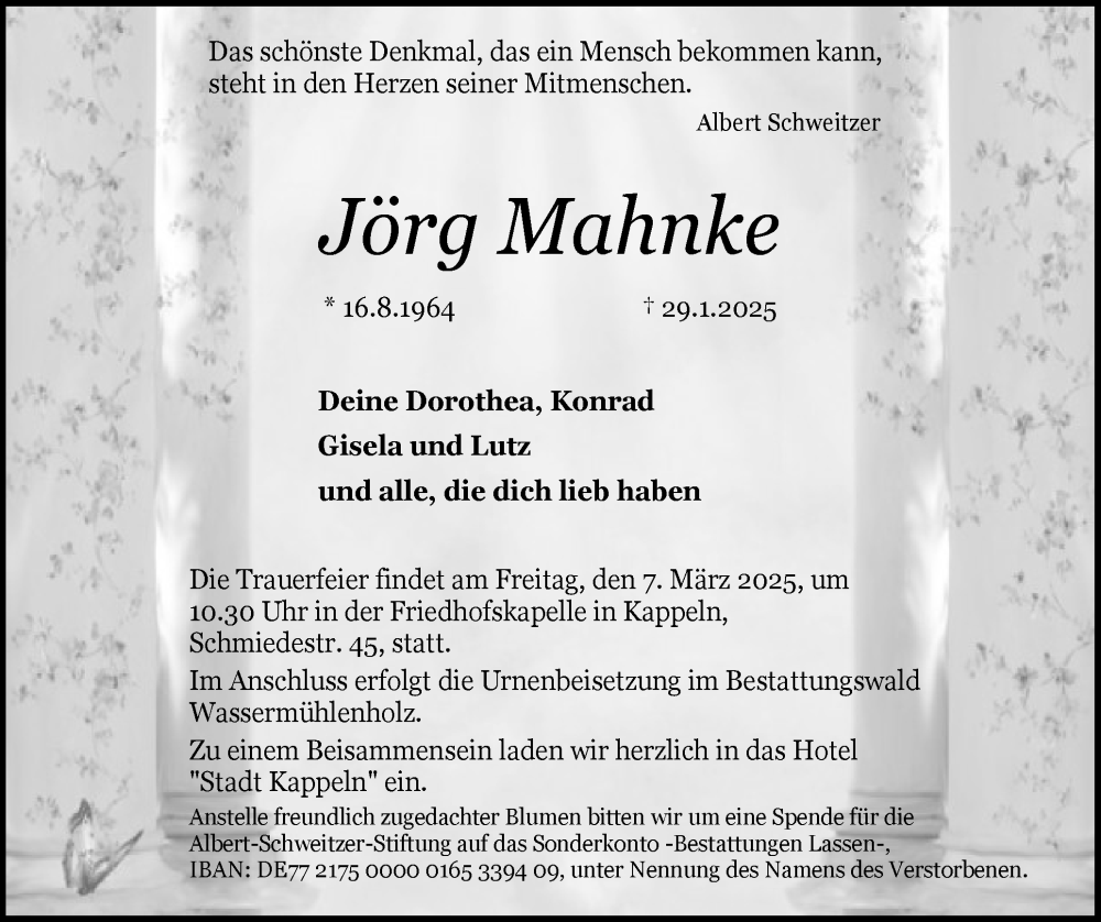  Traueranzeige für Jörg Mahnke vom 01.03.2025 aus Schleswiger Nachrichten, Schlei-Bote