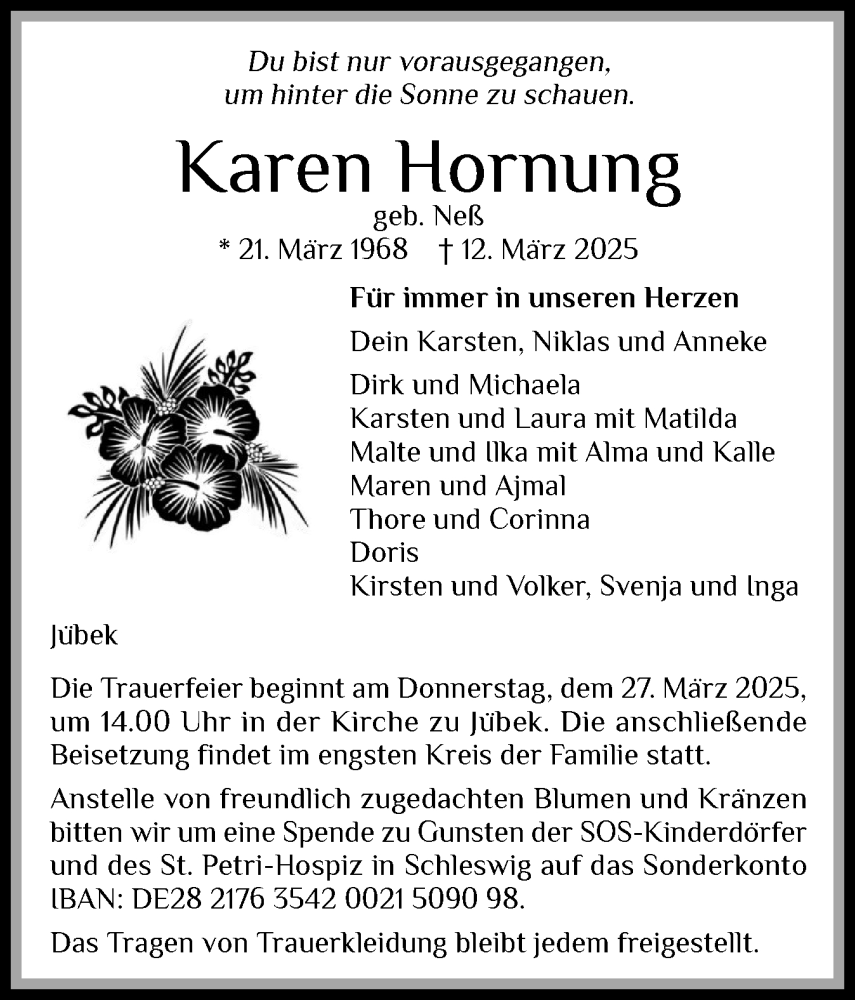  Traueranzeige für Karen Hornung vom 22.03.2025 aus Schleswiger Nachrichten, Schlei-Bote