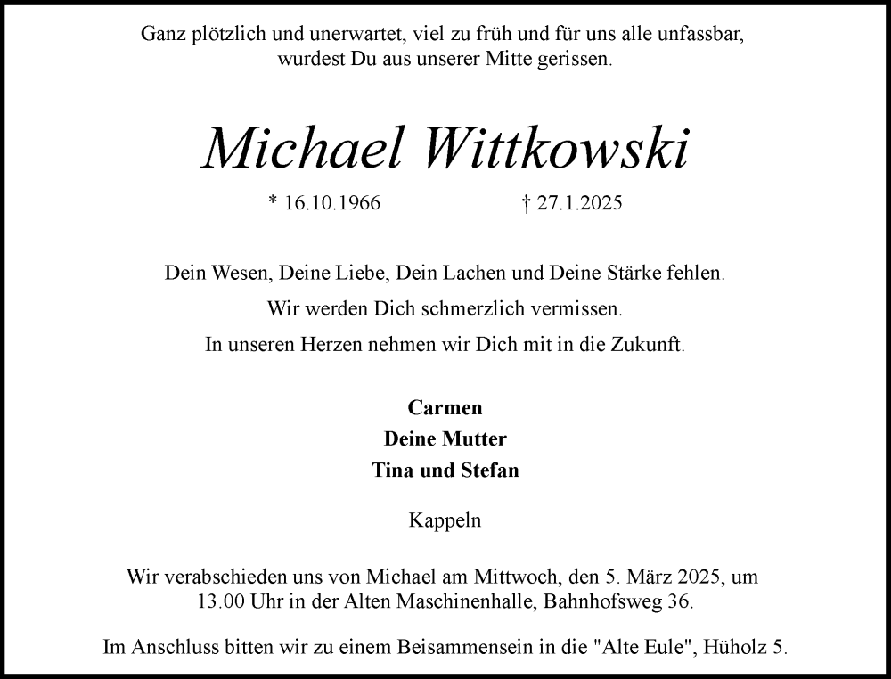  Traueranzeige für Michael Wittkowski vom 01.03.2025 aus Schleswiger Nachrichten, Schlei-Bote