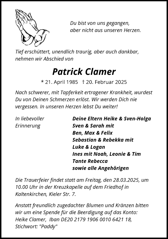  Traueranzeige für Patrick Clamer vom 15.03.2025 aus Umschau