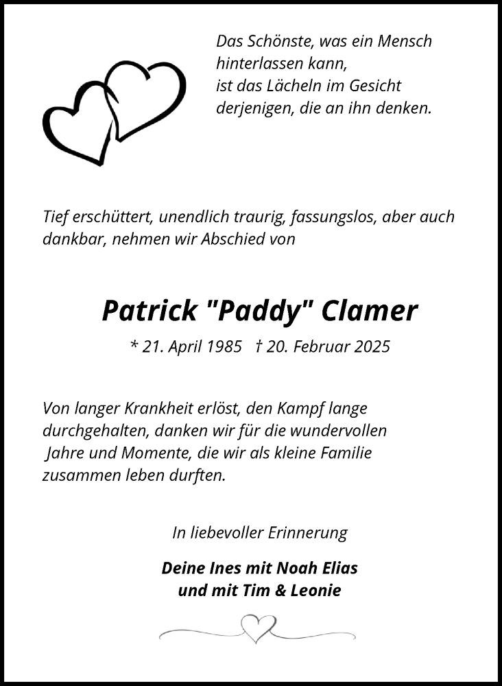  Traueranzeige für Patrick Clamer vom 15.03.2025 aus Umschau