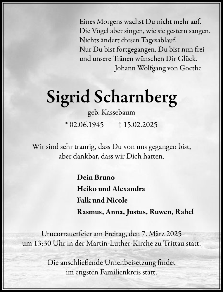  Traueranzeige für Sigrid Scharnberg vom 01.03.2025 aus MARKT Ahrensburg/Bargteheide/Trittau und Stormarner Tageblatt