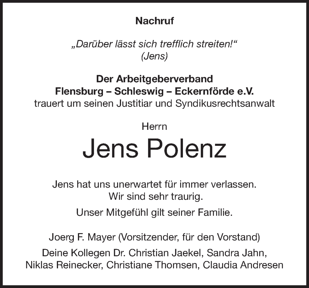 Traueranzeige für Jens Polenz vom 26.04.2025 aus Flensburger Tageblatt