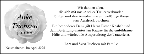 Traueranzeige von Anke Tüchsen von Norddeutsche Rundschau, Wilstersche Zeitung, Glückstädter Fortuna