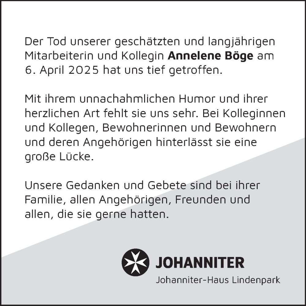  Traueranzeige für Annelene Böge vom 26.04.2025 aus Elmshorner Nachrichten, Barmstedter Zeitung
