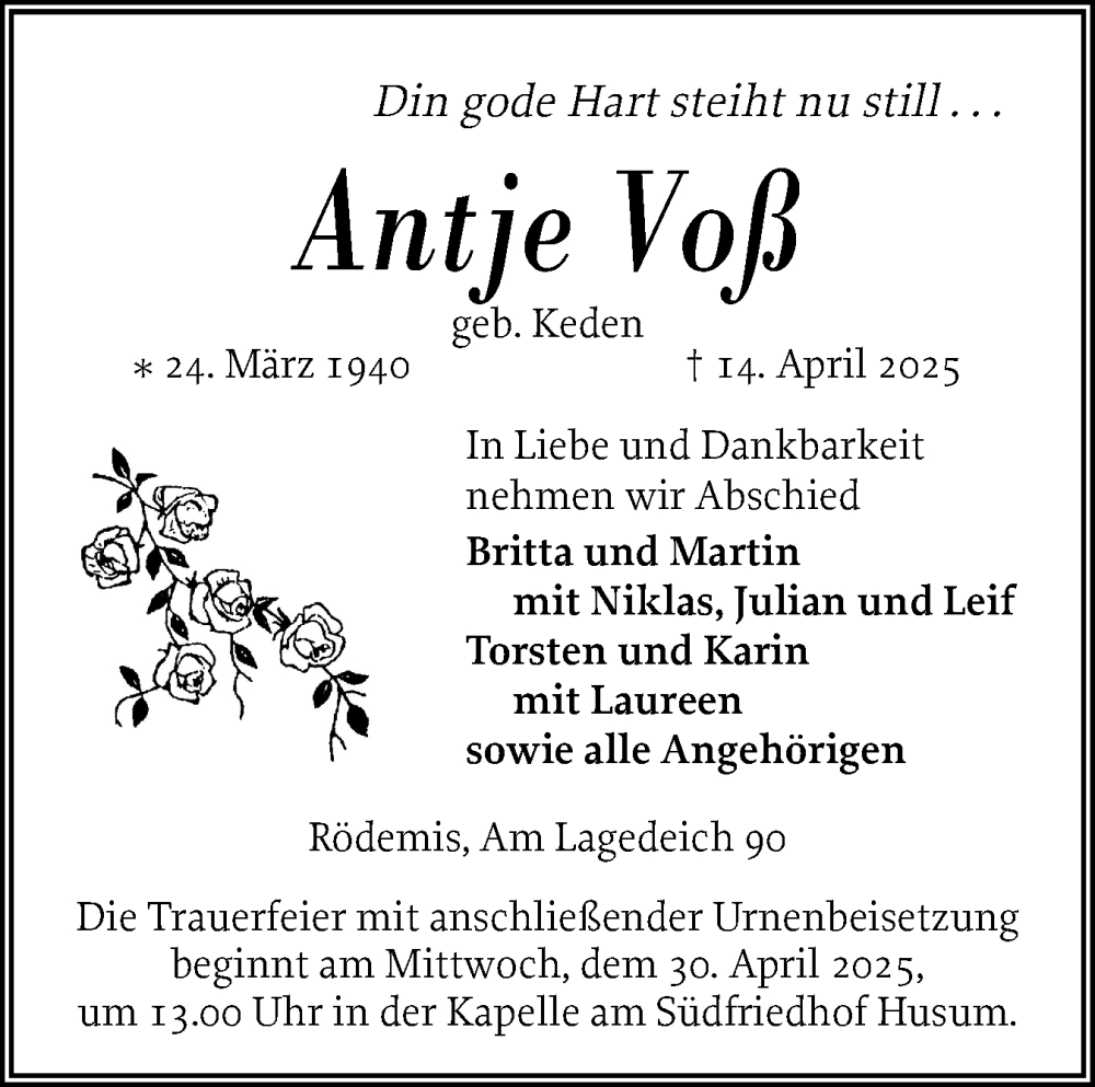  Traueranzeige für Antje Voß vom 25.04.2025 aus Husumer Nachrichten, Nordfriesland Tageblatt