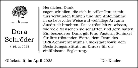 Traueranzeige von Dora Schröder von Norddeutsche Rundschau, Wilstersche Zeitung, Glückstädter Fortuna