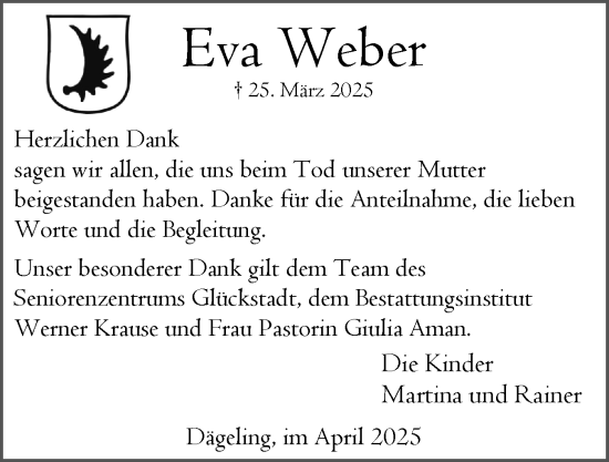 Traueranzeige von Eva Weber von Norddeutsche Rundschau, Wilstersche Zeitung, Glückstädter Fortuna