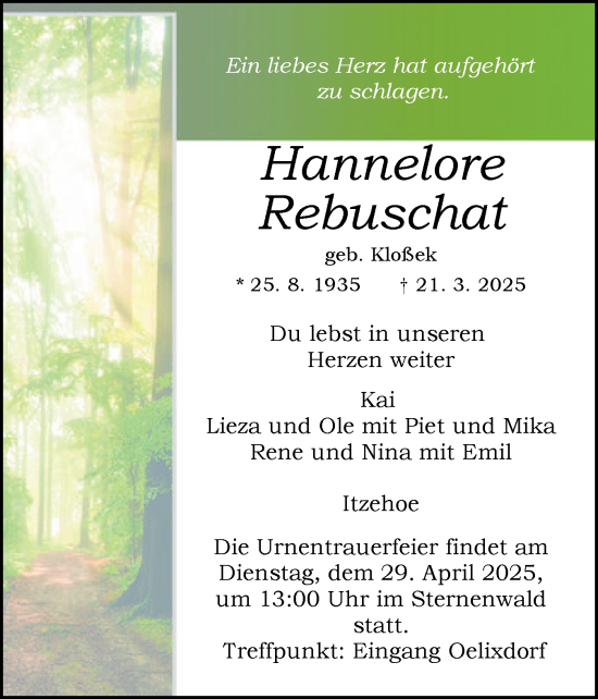 Traueranzeige von Hannelore Rebuschat von Norddeutsche Rundschau, Wilstersche Zeitung, Glückstädter Fortuna