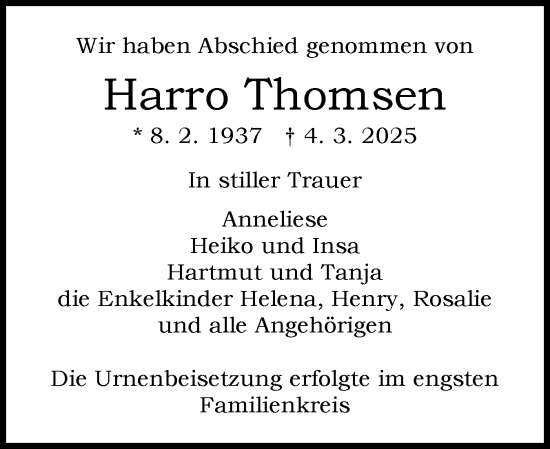 Traueranzeige von Harro Thomsen von Norddeutsche Rundschau, Wilstersche Zeitung, Glückstädter Fortuna