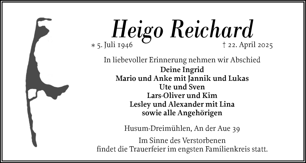  Traueranzeige für Heigo Reichard vom 30.04.2025 aus Husumer Nachrichten, Nordfriesland Tageblatt