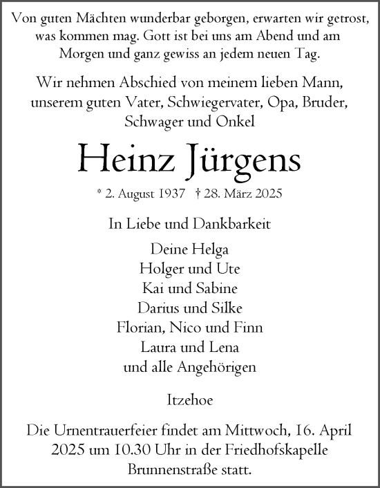 Traueranzeige von Heinz Jürgens von Norddeutsche Rundschau, Wilstersche Zeitung, Glückstädter Fortuna
