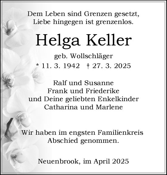 Traueranzeige von Helga Keller von Norddeutsche Rundschau, Wilstersche Zeitung, Glückstädter Fortuna