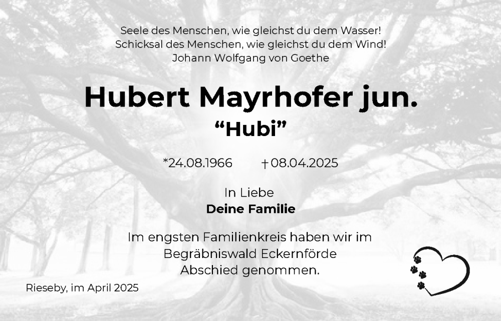  Traueranzeige für Hubert Mayrhofer vom 26.04.2025 aus Eckernförder Zeitung, Hallo Eckernförde