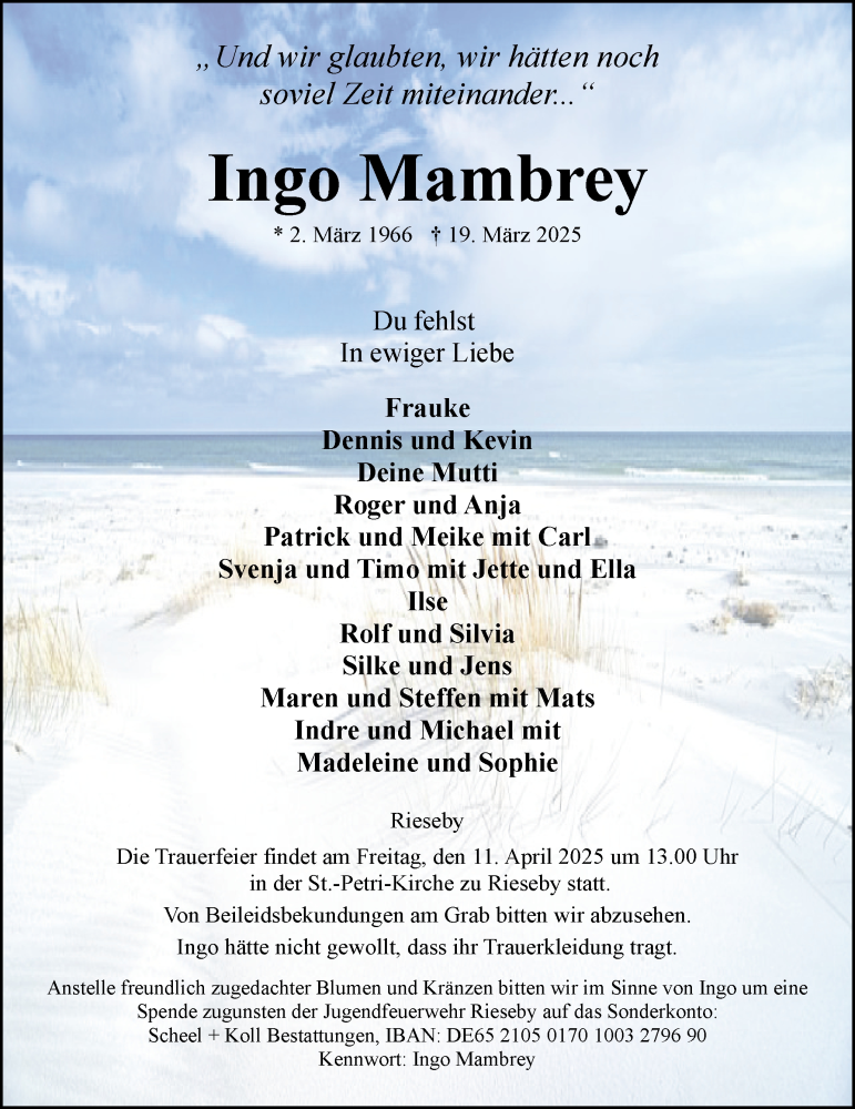  Traueranzeige für Ingo Mambrey vom 05.04.2025 aus Eckernförder Zeitung