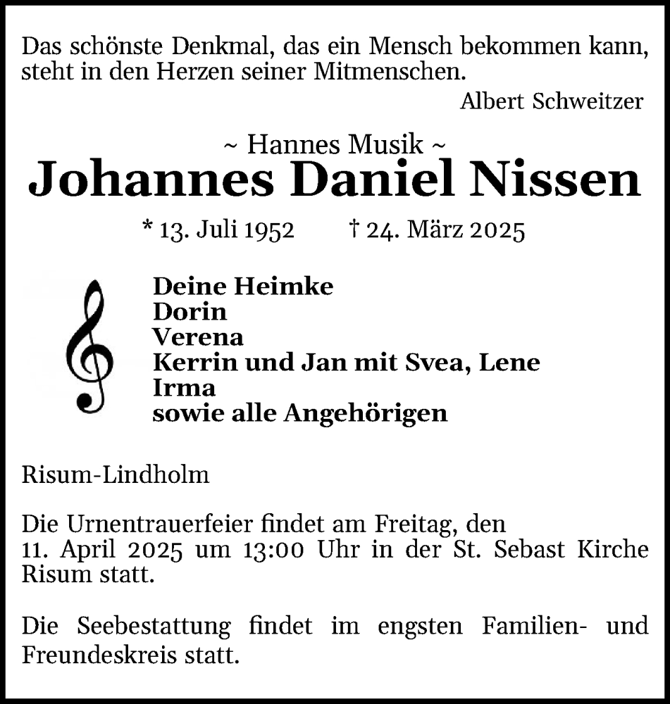  Traueranzeige für Johannes Daniel Nissen vom 02.04.2025 aus Husumer Nachrichten, Nordfriesland Tageblatt