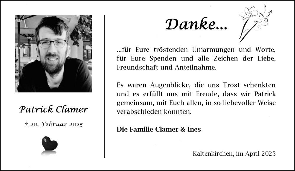 Traueranzeige für Patrick Clamer vom 19.04.2025 aus Umschau