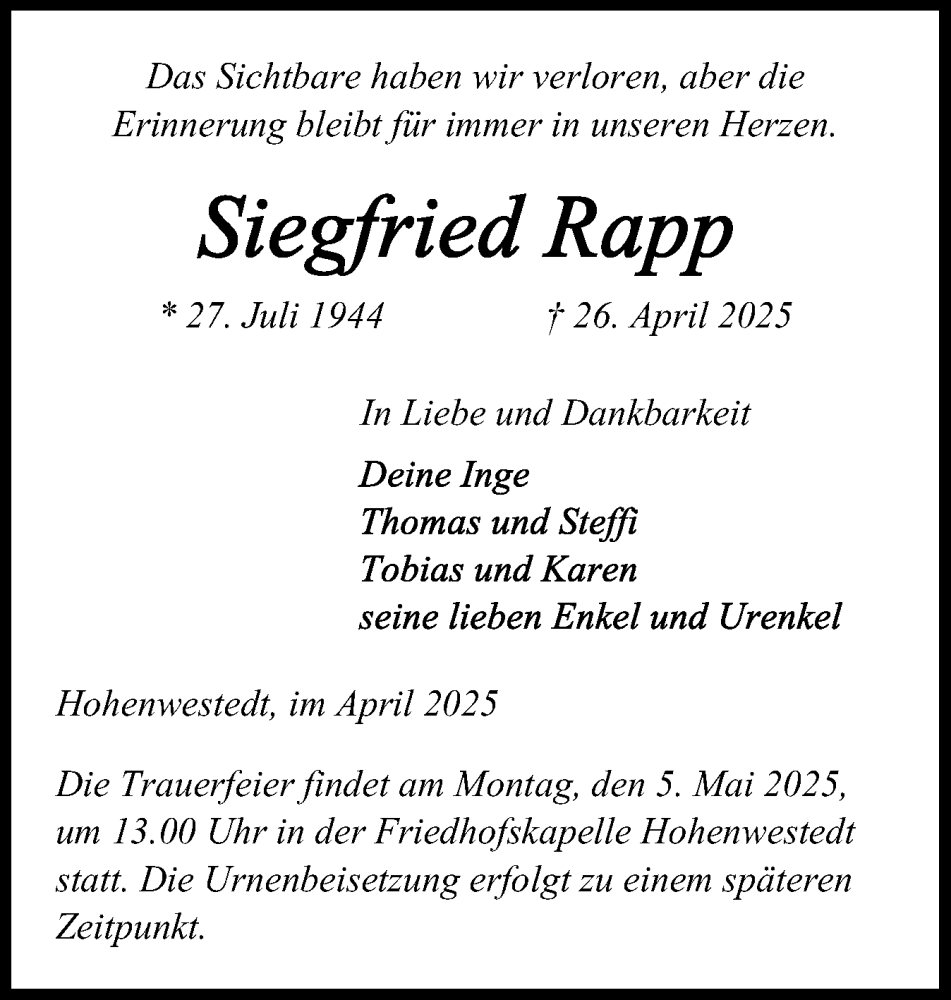  Traueranzeige für Siegfried Rapp vom 30.04.2025 aus Schleswig-Holsteinische Landeszeitung