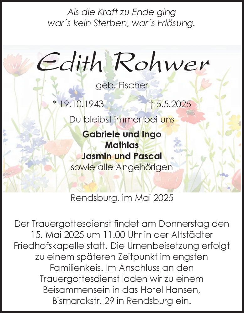  Traueranzeige für Edith Rohwer vom 10.05.2025 aus Schleswig-Holsteinische Landeszeitung