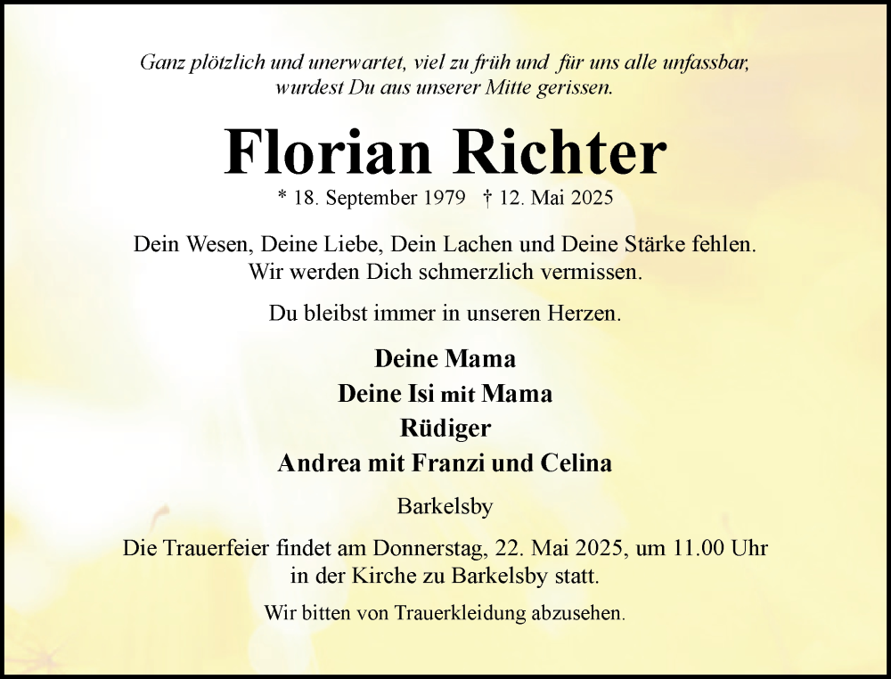  Traueranzeige für Florian Richter vom 17.05.2025 aus Eckernförder Zeitung, Hallo Eckernförde