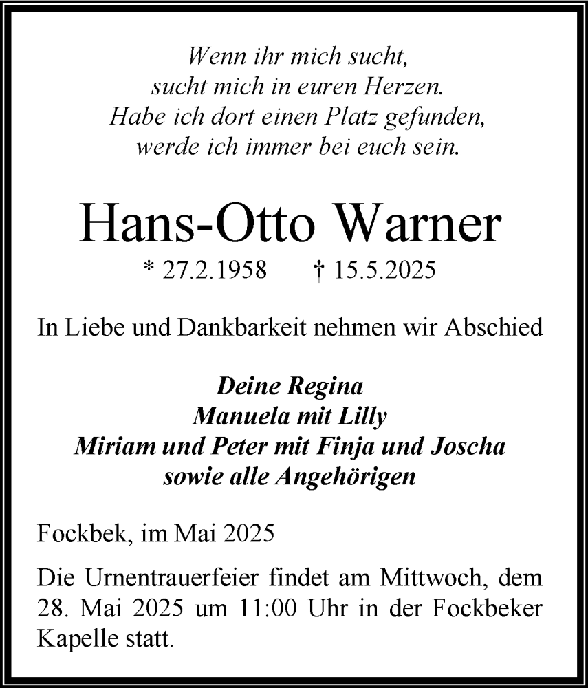  Traueranzeige für Hans-Otto Warner vom 24.05.2025 aus Schleswig-Holsteinische Landeszeitung