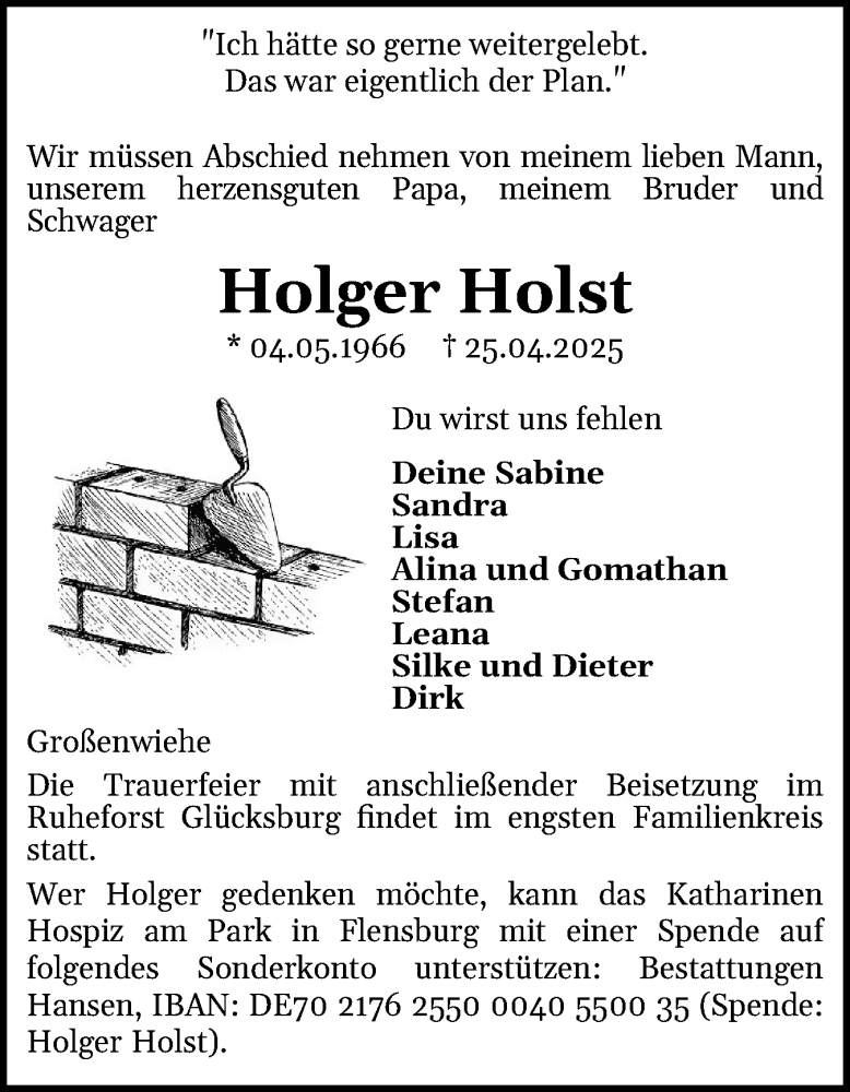 Traueranzeige für Holger Holst vom 02.05.2025 aus Flensburger Tageblatt