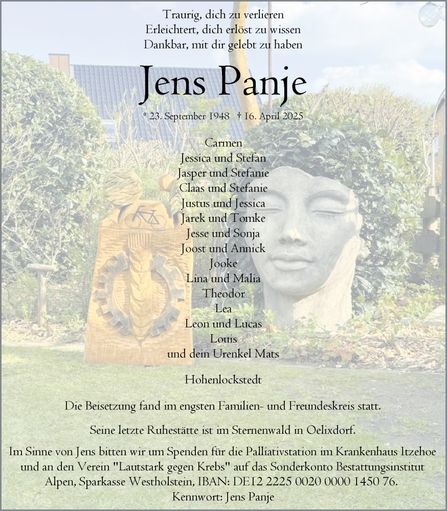  Traueranzeige für Jens Panje vom 10.05.2025 aus Norddeutsche Rundschau, Wilstersche Zeitung, Glückstädter Fortuna