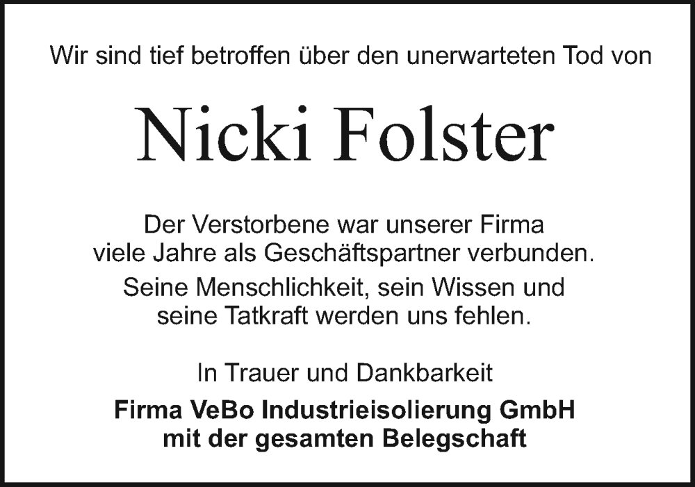  Traueranzeige für Nicki Folster vom 17.05.2025 aus Holsteinischer Courier