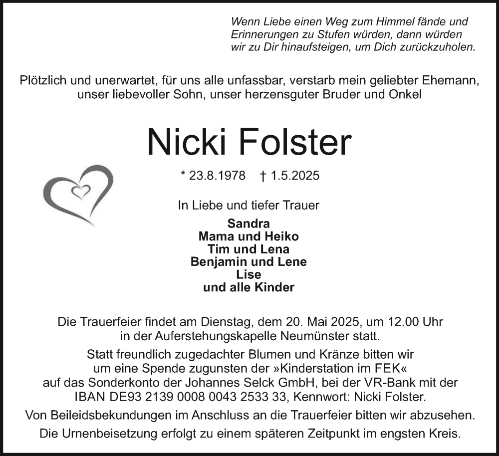  Traueranzeige für Nicki Folster vom 17.05.2025 aus Holsteinischer Courier
