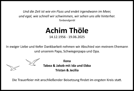 Traueranzeige von Achim Thöle von Wedel-Schulauer Tageblatt, tip Wedel-Schulauer Tageblatt, tip Rissener Rundschau