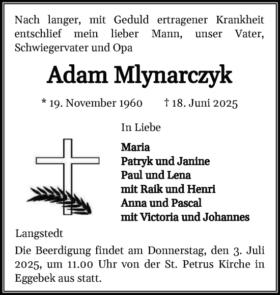 Traueranzeige von Adam Mlynarczyk von Flensburger Tageblatt