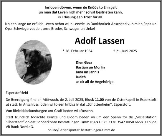 Traueranzeige von Adolf Lassen von Flensburger Tageblatt, Schleswiger Nachrichten, Schlei-Bote
