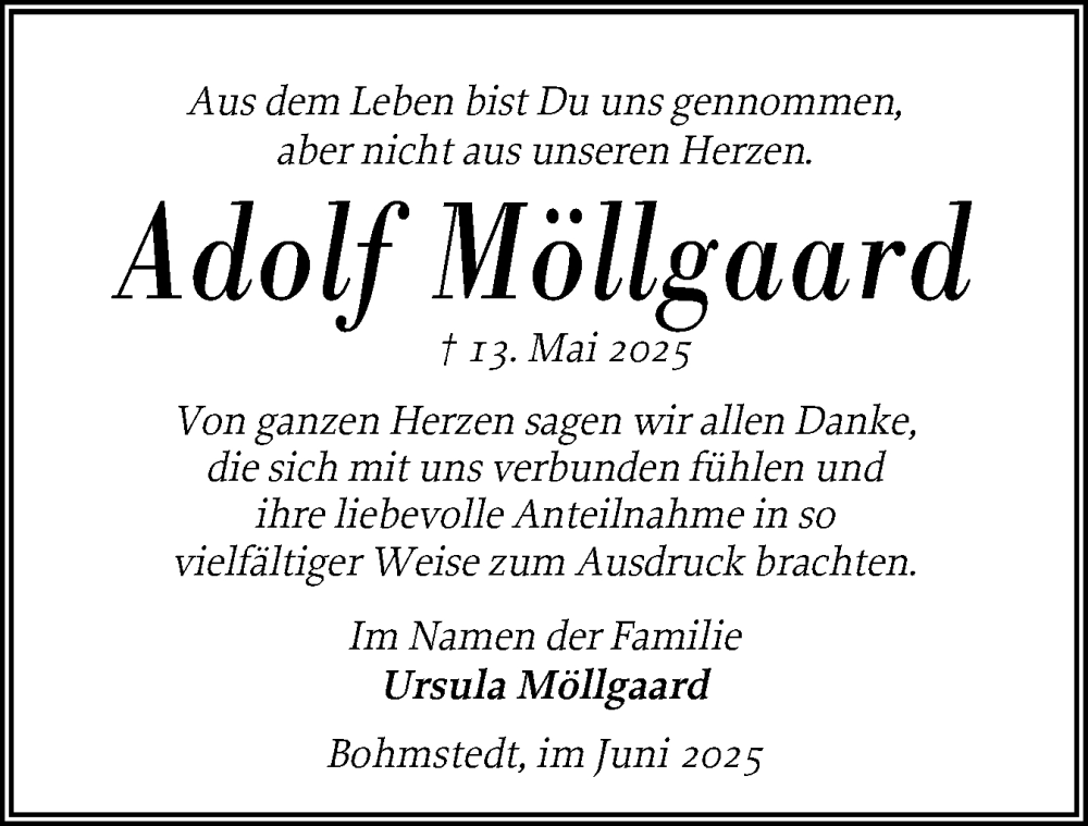  Traueranzeige für Adolf Möllgaard vom 14.06.2025 aus Husumer Nachrichten, Nordfriesland Tageblatt