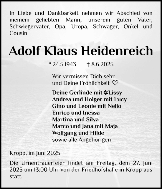 Traueranzeige von Adolf Klaus Heidenreich von Schleswiger Nachrichten, Schlei-Bote