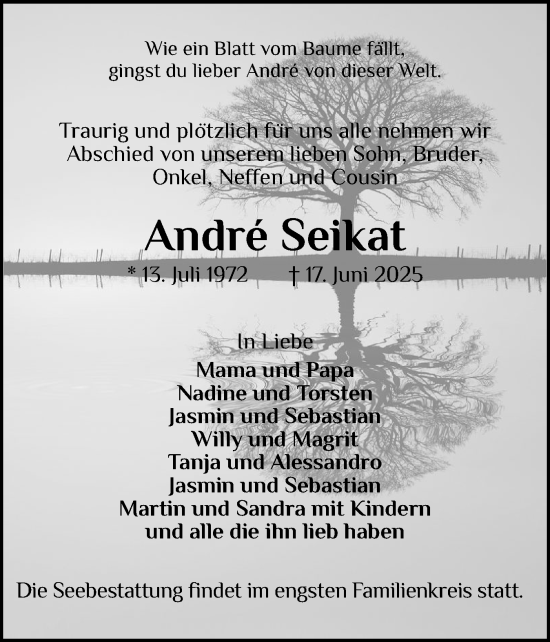 Traueranzeige von Andre Seikat von Schleswiger Nachrichten, Schlei-Bote