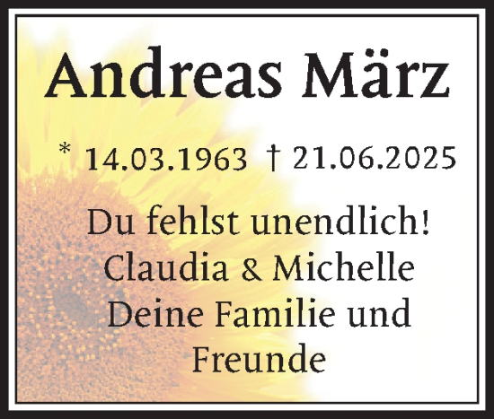 Traueranzeige von Andreas März von Wedel-Schulauer Tageblatt, tip Wedel-Schulauer Tageblatt, tip Rissener Rundschau