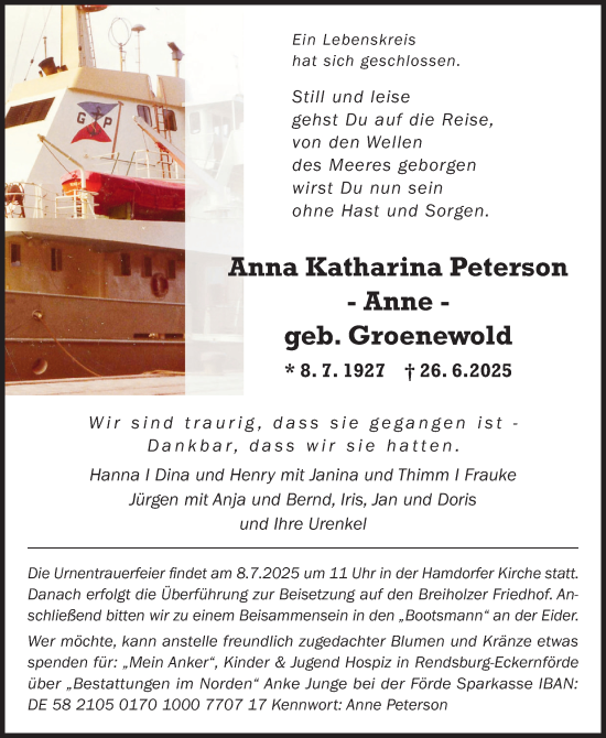 Traueranzeige von Anna Katharina Peterson von Schleswig-Holsteinische Landeszeitung