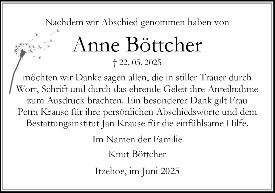Traueranzeige von Anne Böttcher von Norddeutsche Rundschau, Wilstersche Zeitung, Glückstädter Fortuna
