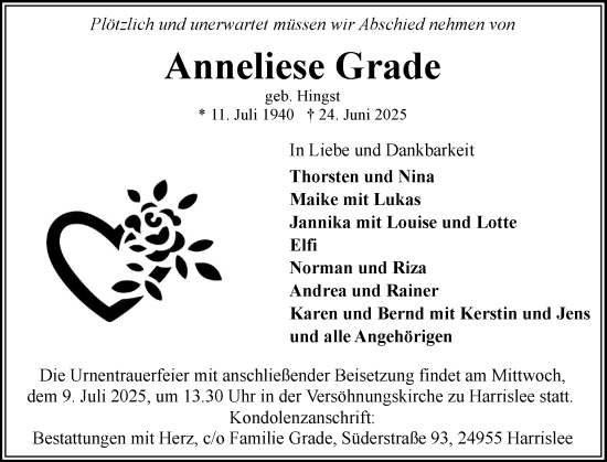 Traueranzeige von Anneliese Grade von Flensburger Tageblatt