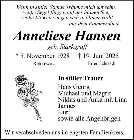 Traueranzeige von Anneliese Hansen von Husumer Nachrichten, Nordfriesland Tageblatt