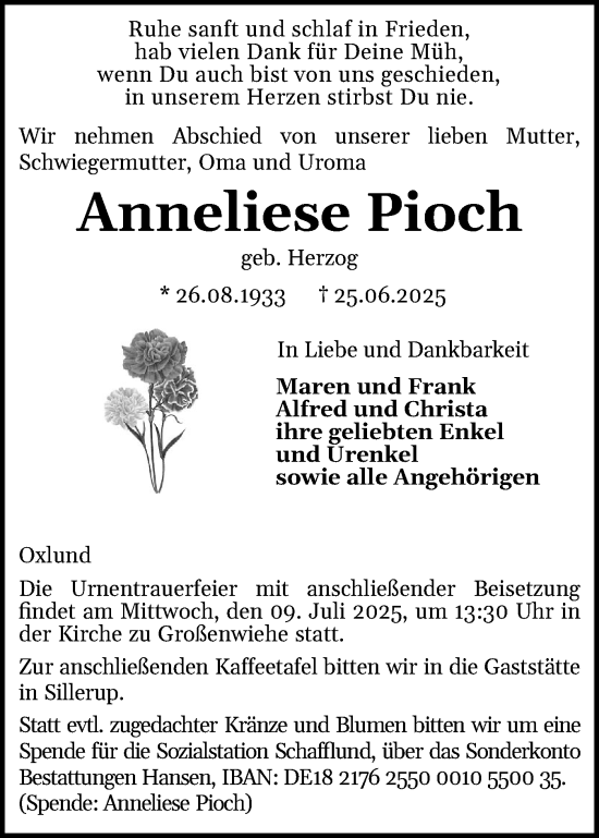Traueranzeige von Anneliese Pioch von Flensburger Tageblatt