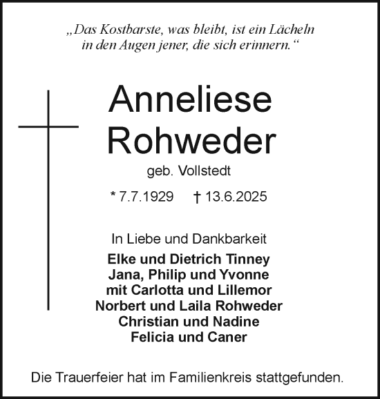 Traueranzeige von Anneliese Rohweder von Holsteinischer Courier