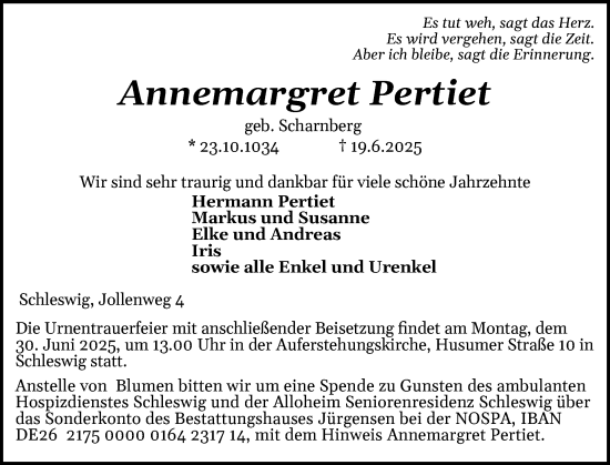 Traueranzeige von Annemargret Pertiet von Schleswiger Nachrichten, Schlei-Bote