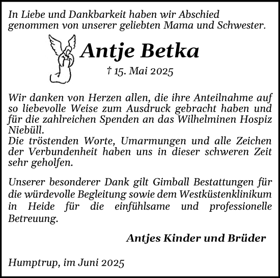 Traueranzeige von Antje Betka von Husumer Nachrichten, Nordfriesland Tageblatt