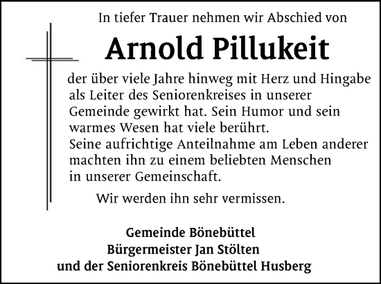 Traueranzeige von Arnold Pillukeit von Holsteinischer Courier