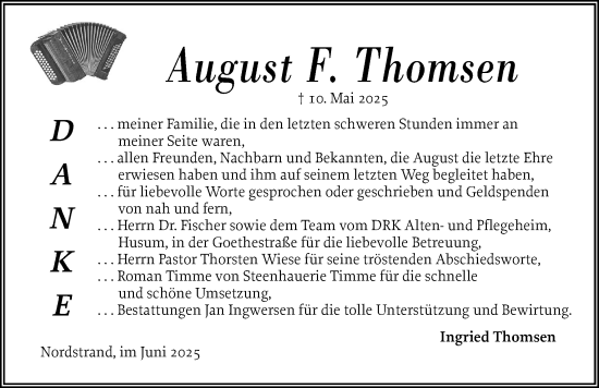 Traueranzeige von August F. Thomsen von Husumer Nachrichten, Nordfriesland Tageblatt