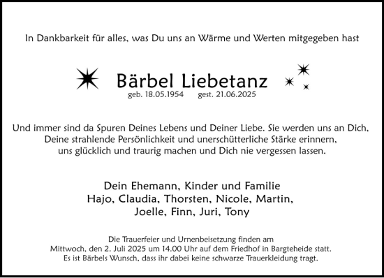 Traueranzeige von Bärbel Liebetanz von MARKT Ahrensburg/Bargteheide/Trittau und Stormarner Tageblatt