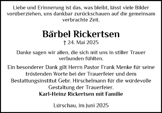 Traueranzeige von Bärbel Rickertsen von Schleswiger Nachrichten, Schlei-Bote