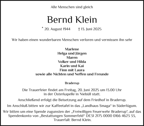 Traueranzeige von Bernd Klein von Husumer Nachrichten, Nordfriesland Tageblatt